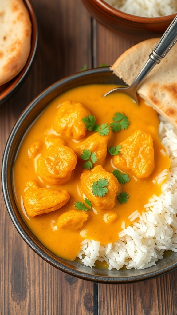 A bowl of chicken curry with coconut milk and curry powder, served with rice and naan, garnished with cilantro.